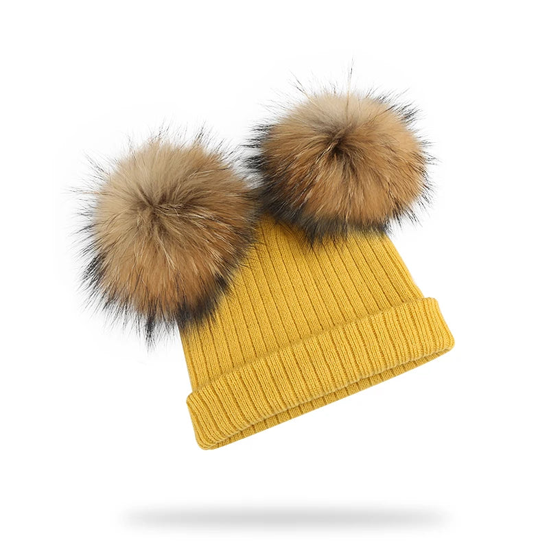 Winter Kids Natural Raccoon Fur Double Pompon Hat And Scarf For Girls Baby Cap With Genuine Pompom Children's Accessories Bonnet