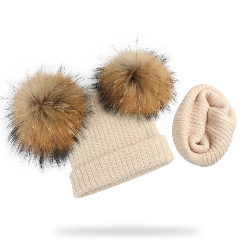 Winter Kids Natural Raccoon Fur Double Pompon Hat And Scarf For Girls Baby Cap With Genuine Pompom Children's Accessories Bonnet