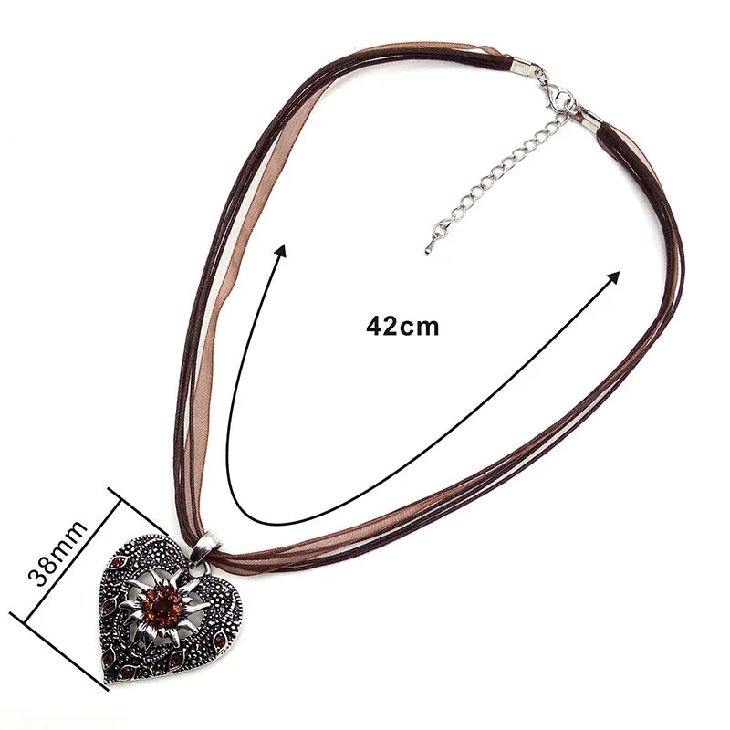 Heart Shape Vintage Carved Edelweiss Pendant Necklace Women Multicolor Rhinestone Ribbon Rope Necklace Oktoberfest Jewelry