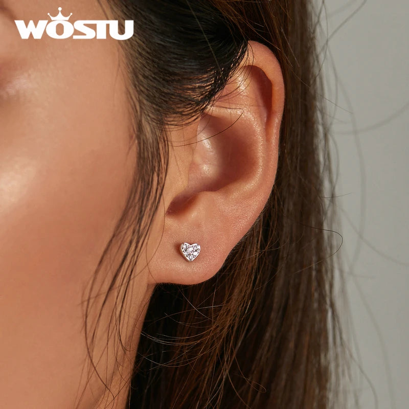 WOSTU 925 Sterling Silver Simple Heart Love Shining Zircon Stud Earrings For Women Fashion Party Jewelry CQE1298