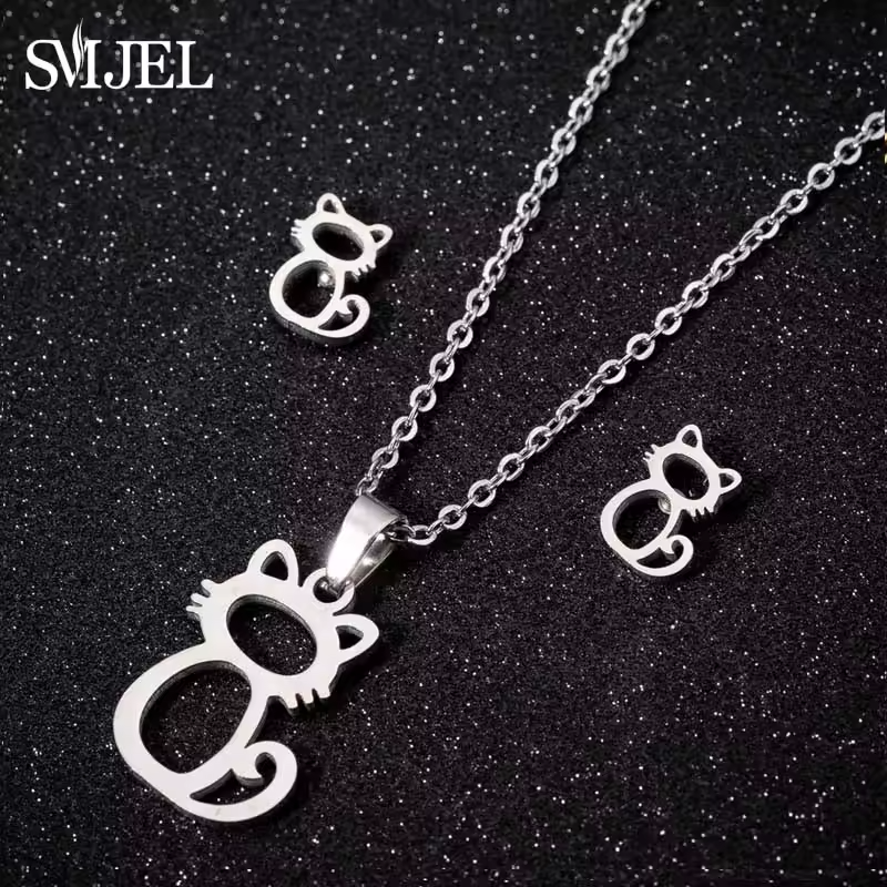 Stainless Steel Paw Necklace Earring for Women Simple Hollow Dog Paw Jewelry Sets Cute Cat Pendant Nekclaces 2023 Birthday Gift