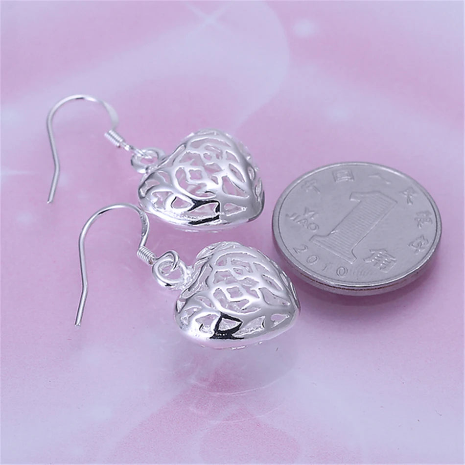 DOTEFFIL 925 Sterling Silver Hollow Heart Ball Drop Earrings For Woman Wedding Engagement Party Fashion Charm Jewelry