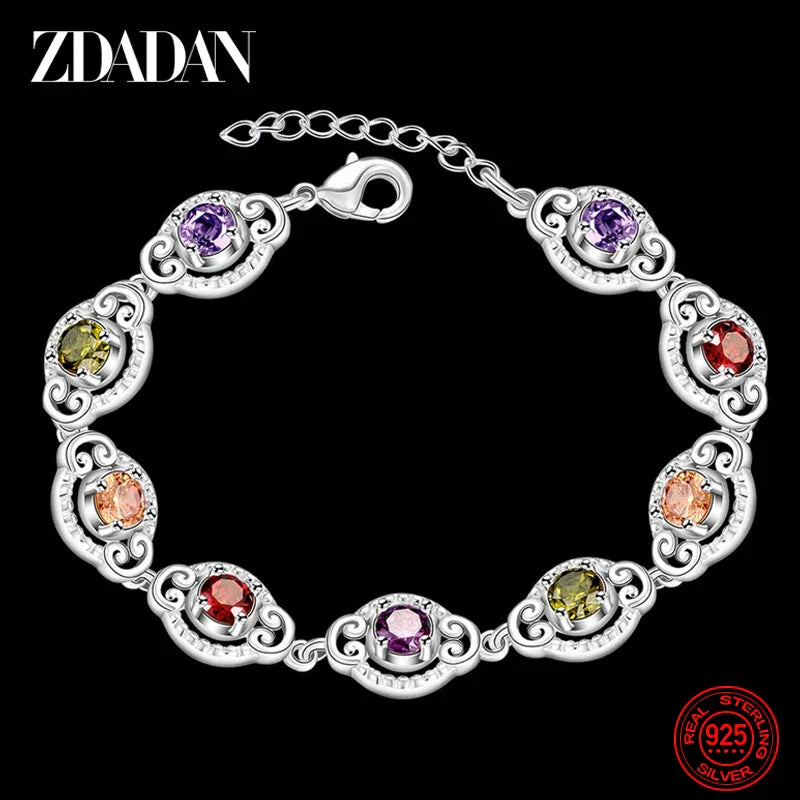 ZDADAN 925 Sterling Silver Fashion Crystal Charm Bracelet & Bangle For Women Simple Adjustable Bracelets Jewelry Party Gifts