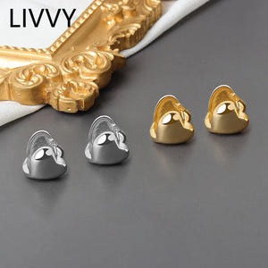 LIVVY  Silver Color Heart Shape  Small Stud Earrings  for Women High-Quality Exquisite Elegant Jewlery