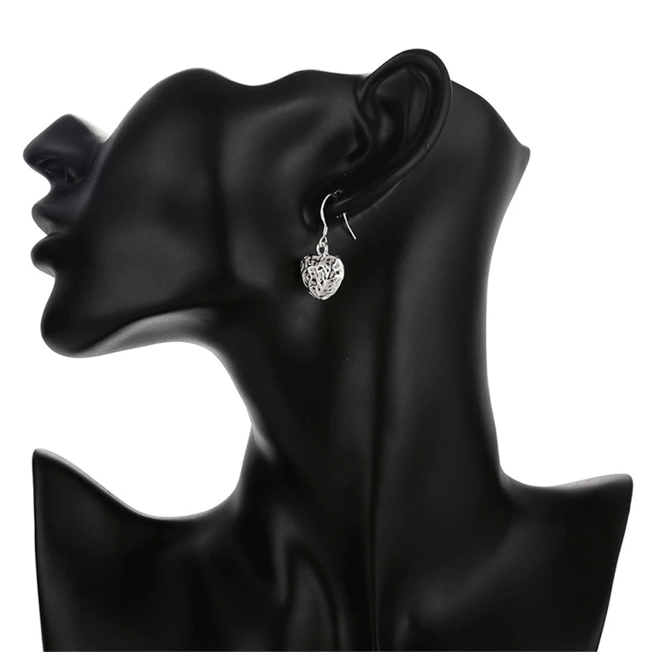 DOTEFFIL 925 Sterling Silver Hollow Heart Ball Drop Earrings For Woman Wedding Engagement Party Fashion Charm Jewelry