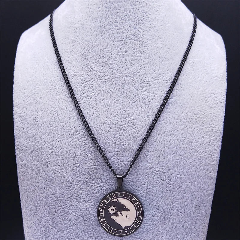 Viking Stainless Steel Divination Letter Yin and Yang Wolf Chain Necklaces Women/Men Black Color Necklace jewlery NXH284S03