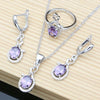 Romantic Purple Amethyst Birthstone 925 Silver Jewelry Set for Women Drop Earring Necklace Open Ring Party Wedding Jewellry