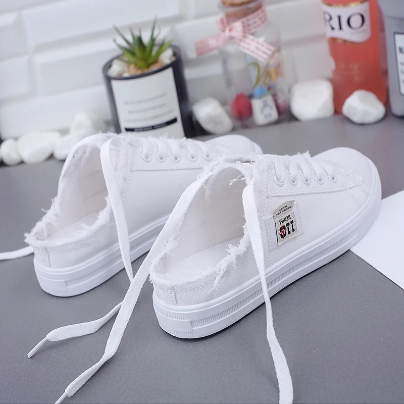 2021 Spring Summer Women Canvas Shoes Flat Sneakers Women Casual Shoes Low Upper Lace Up White Black Blue Shoes Half slippers