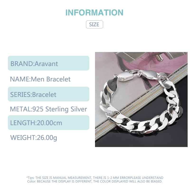 Aravant 925 Silver 12MM Bracelet Chain For Men Women Fashion Jewelry