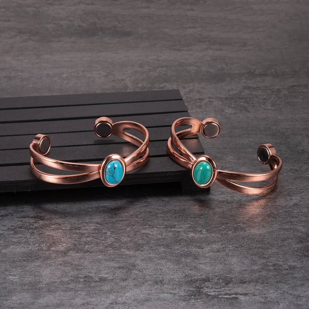 Pure Copper Bracelets for Women Blue Stone Adjustable Open Cuff Magnet Bangles Arthritis Health Energy Jewelry Femme Resizable