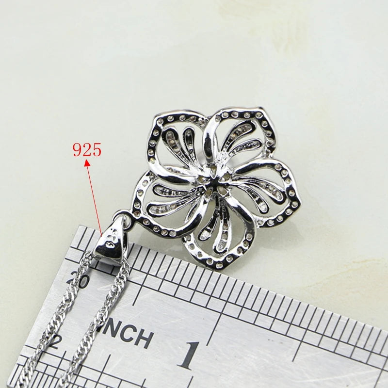 Flower 925 Sterling Silver White Pearl Cubic Zirconia Jewelry Set For Women Wedding Earrings/Ring/Pendant/Necklace