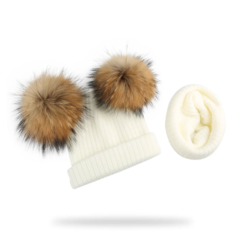 Winter Kids Natural Raccoon Fur Double Pompon Hat And Scarf For Girls Baby Cap With Genuine Pompom Children's Accessories Bonnet