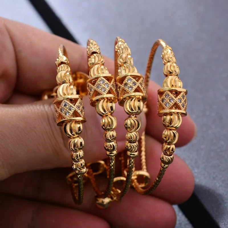 24K 4pcs Ethnic Gold Color Dubai Bangles For Baby Girls Lucky bead Bracele Bride Dubai Bangles Child jewelry