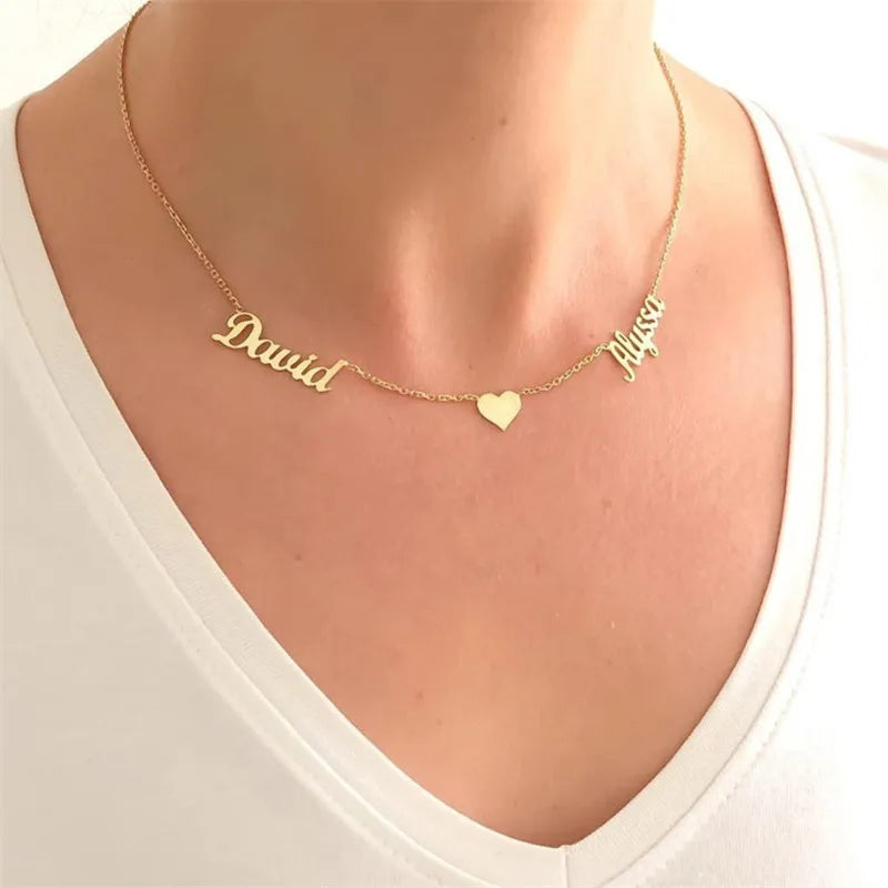 Custom Two Name Letter Necklace Personalised With Heart Stainless Steel Jewelry For Women Customized Heart Necklace Mother Day