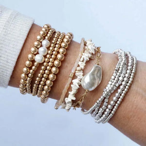 ZWPON 5 PCS/Set Gold Filled Beads Pearl Charm Elastic Bangles Sets for Women Silver Color Mini Cube Beaded Bracelets Jewelry
