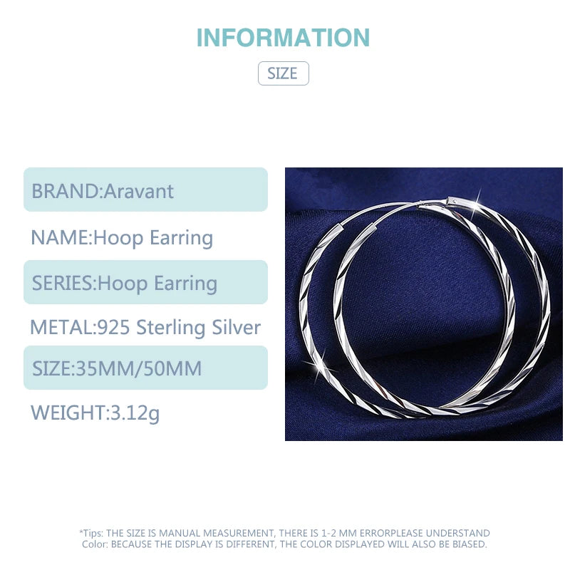 Aravant 925 Silver 35MM 50MM Round Circle Hoop Earrings For Women Fashion Jewelry Gifts