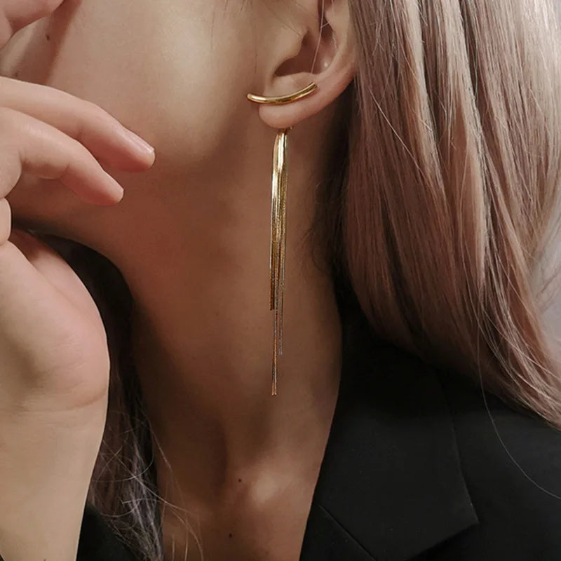 Vintage gold color bar long thread tassel drop earrings for women glossy stainless steel earrings 2022 new fashion jewelry gifts
