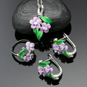 Purple Enamel Flower 925 Silver Jewelry Set Stud Earrings Ring Pendant Necklace Jewellery For Women Engagement