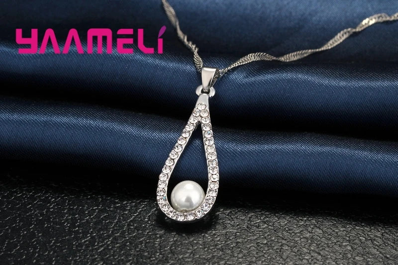 Pure 925 Sterling Silver Shiny CZ Crystal Water Drop Pearl Necklaces Pendant Chain Earrings Woman Fine Wedding Jewelry Set Gift