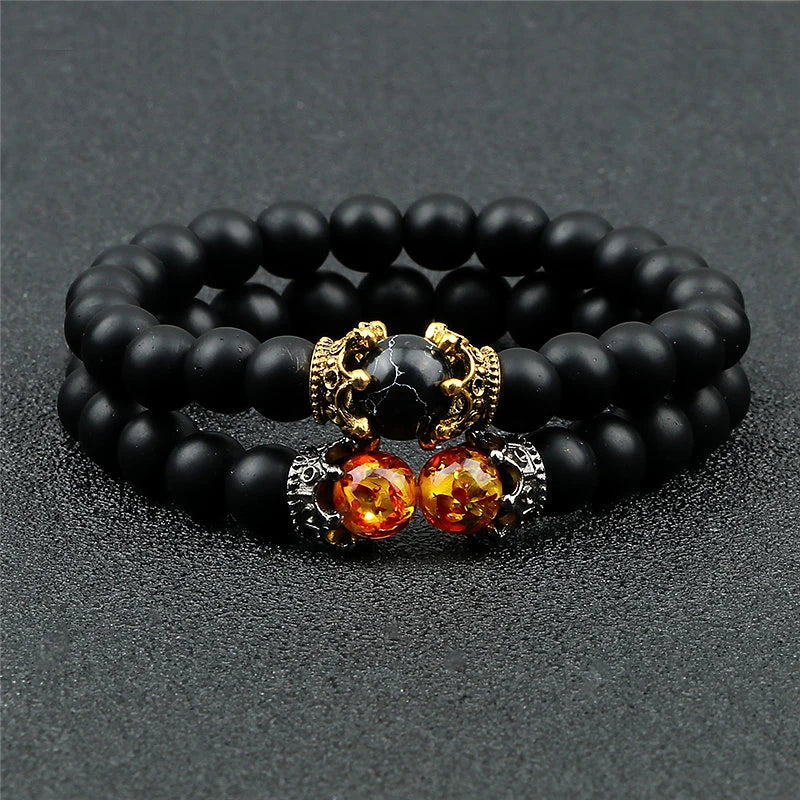 Vintage Crown Bracelet for Men Women Lava Stone Natural Beaded Charm Braceles Fashion Couple Jewelry Gifts Friends Pulseras Gift