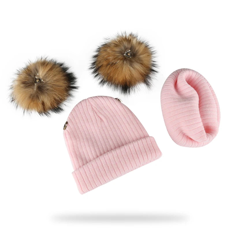 Winter Kids Natural Raccoon Fur Double Pompon Hat And Scarf For Girls Baby Cap With Genuine Pompom Children's Accessories Bonnet