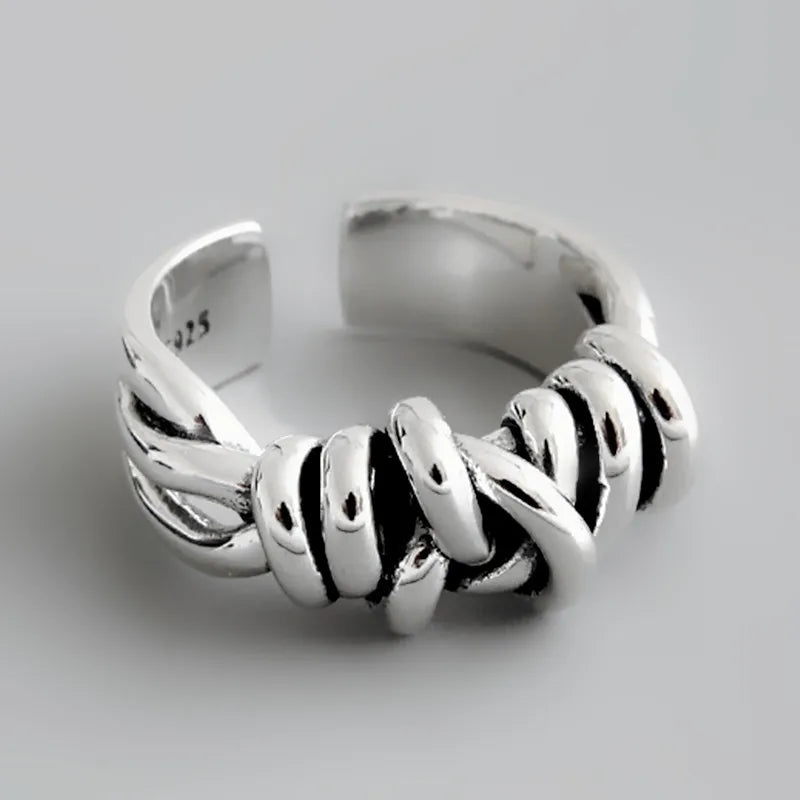 Foxanry silver color vintage woven winding rings for women line knotted opening thai silver finger ring jewelry creative