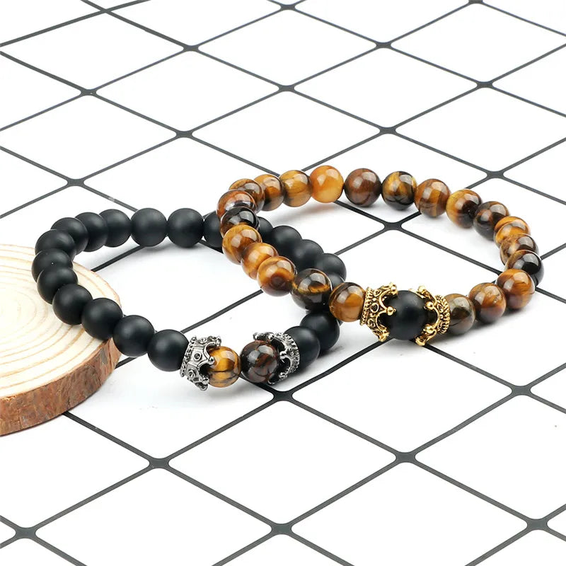 Vintage Crown Bracelet for Men Women Lava Stone Natural Beaded Charm Braceles Fashion Couple Jewelry Gifts Friends Pulseras Gift