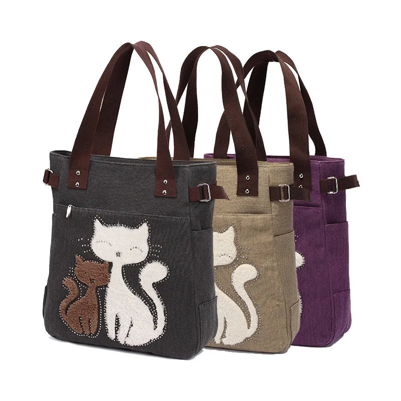 Lovely Cute Cat Canvas Handbag for Girls Ladies Large Capacity Casual Bag Women Portable Solid Zipper Shoulder Bag Bolsos Mujer