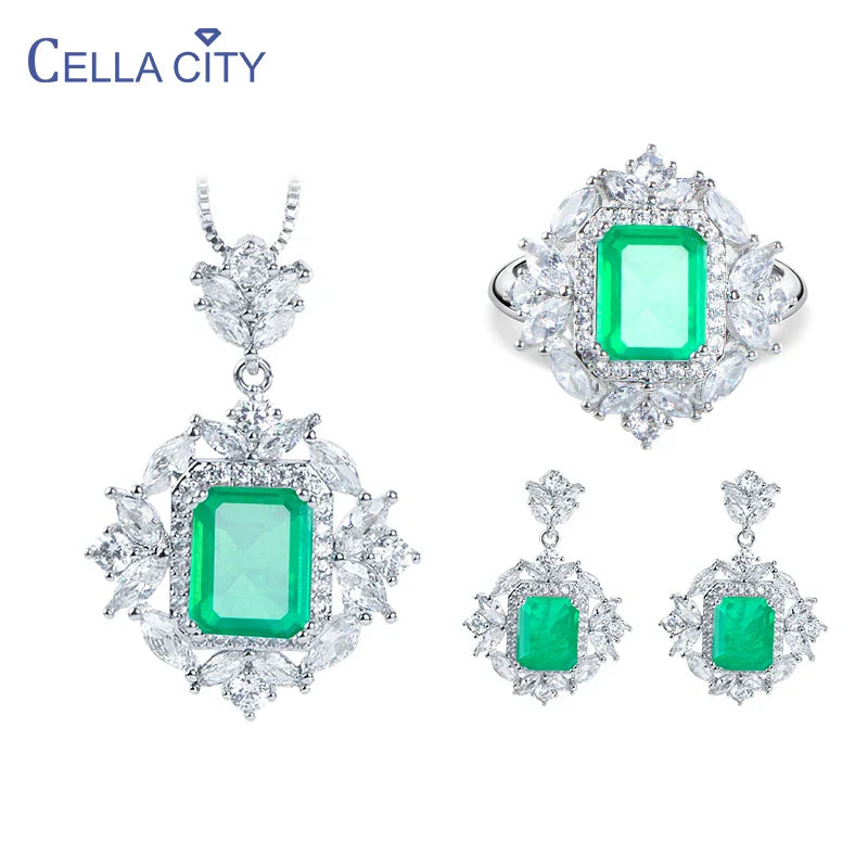 Cellacity classic 925 sterling silver jewerly sets ring earring pendant necklace with emerald gemstones 5A zircon jewerly gift