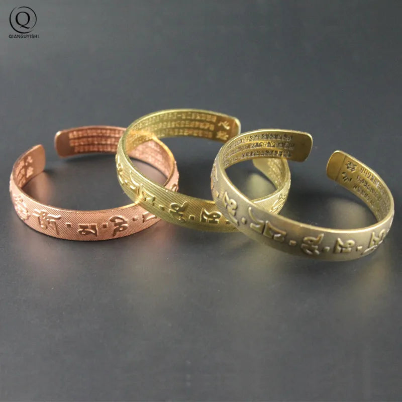 Nepal Handmade Vintage Brass Bracelet Six-word Mantra Men and Women Tibetan Buddhist Sutra Engraved Lucky Open Bangles Jewelry