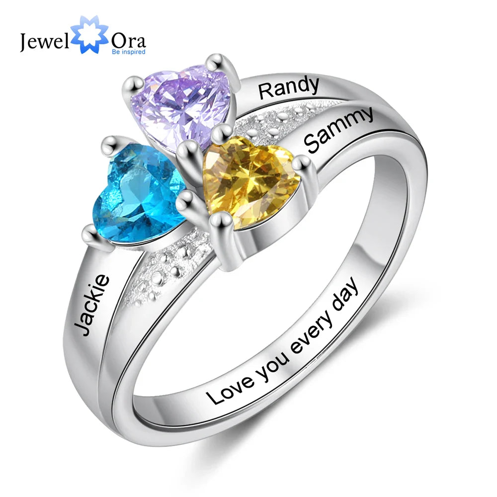 JewelOra Personalized Silver Color Engraved Name Copper Rings for Women Customized 3 Heart Birthstones Wedding Ring Gift for Mom