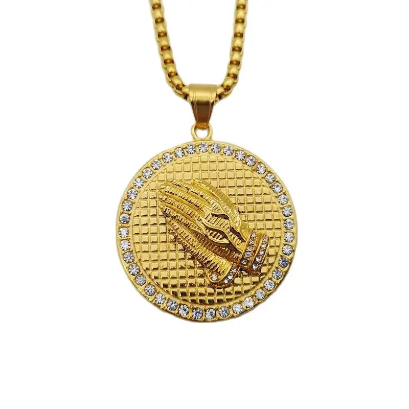 Rhinestones Praying hands pendant necklace Gold color Stainless steel round Praying hands medal necklace jewlery BLKN0798