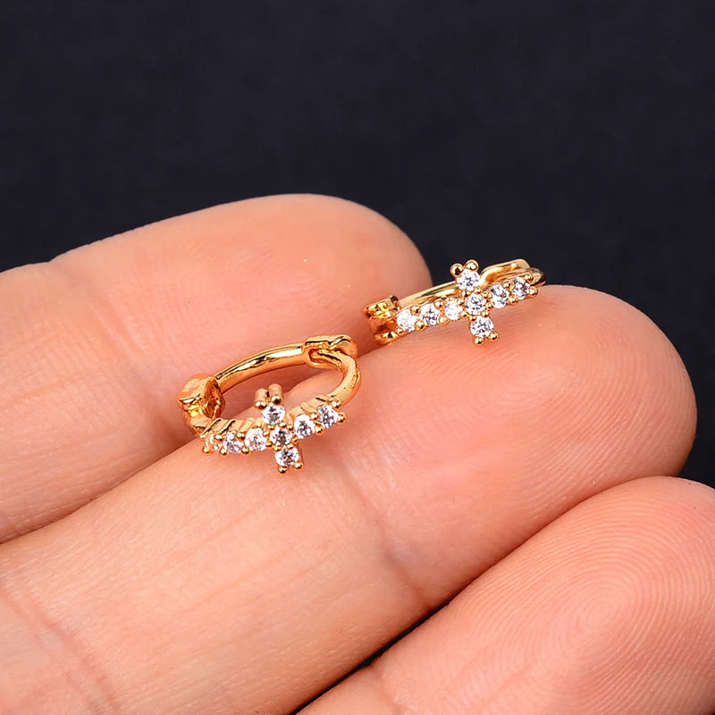 korean Simple Piercing Cross Flower Hoops huggie Earrings Rings Small Geometry Round Rhinestones Gold Color Hoop Earrings Gift