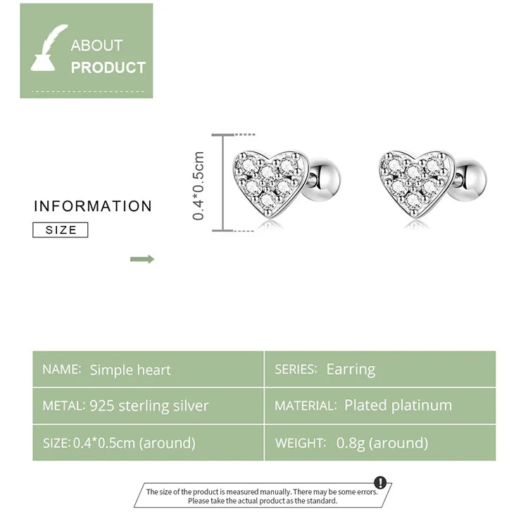 WOSTU 925 Sterling Silver Simple Heart Love Shining Zircon Stud Earrings For Women Fashion Party Jewelry CQE1298