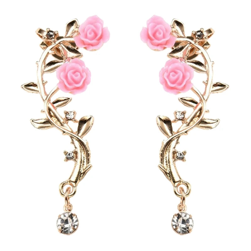 Vintage Rose Flower Cuff Earrings Trendy Rose Flower Climber Crawler Earrings Sparkly Metal Leaf Ear Cuff for Women Girl