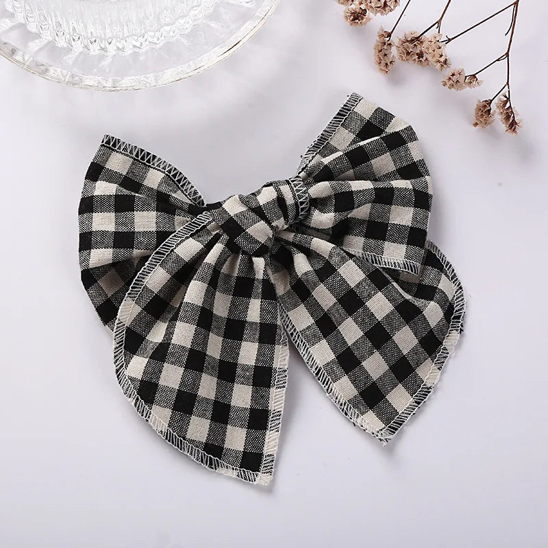 Cute Baby Girl Hair Clips 5.7 In Big Bow Handmade Cotton Vintage Plaid Kids Hairgrips Children Hair Accessories Spring New