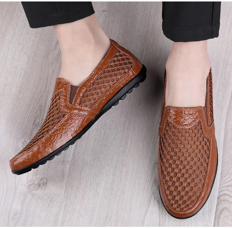 FUQIAO 2024 New Casual Shoes Men Summer Comfortable Mesh Genuine Leather Footwear Fashion Soft Male Outdoor Moccasins Loafers