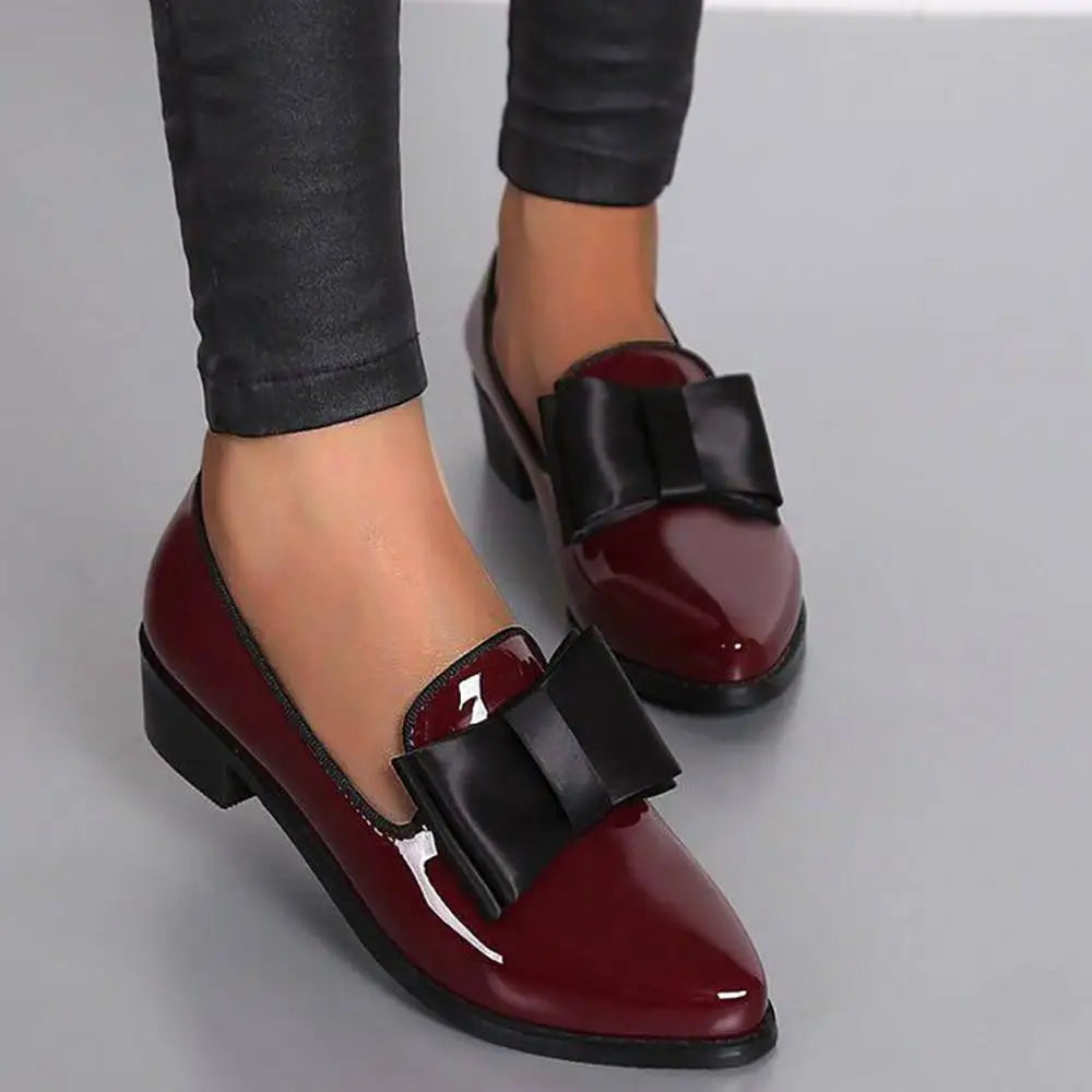 Spring Flats Women Shoes Bowtie Loafers Patent Leather Women's Low Heels Slip On Footwear Female Pointed Toe Thick Heel