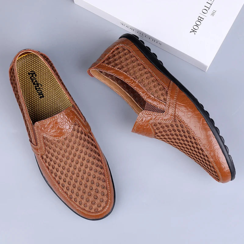 FUQIAO 2024 New Casual Shoes Men Summer Comfortable Mesh Genuine Leather Footwear Fashion Soft Male Outdoor Moccasins Loafers