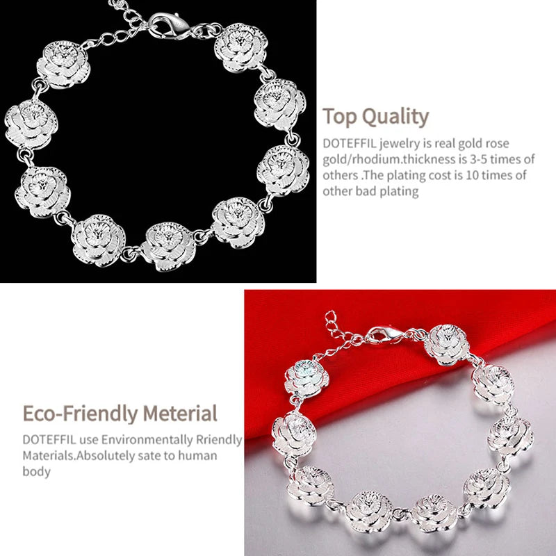 DOTEFFIL 925 Sterling Silver Full Rose Flower Chain Bracelet For Women Wedding Engagement Party Fashion Jewelry