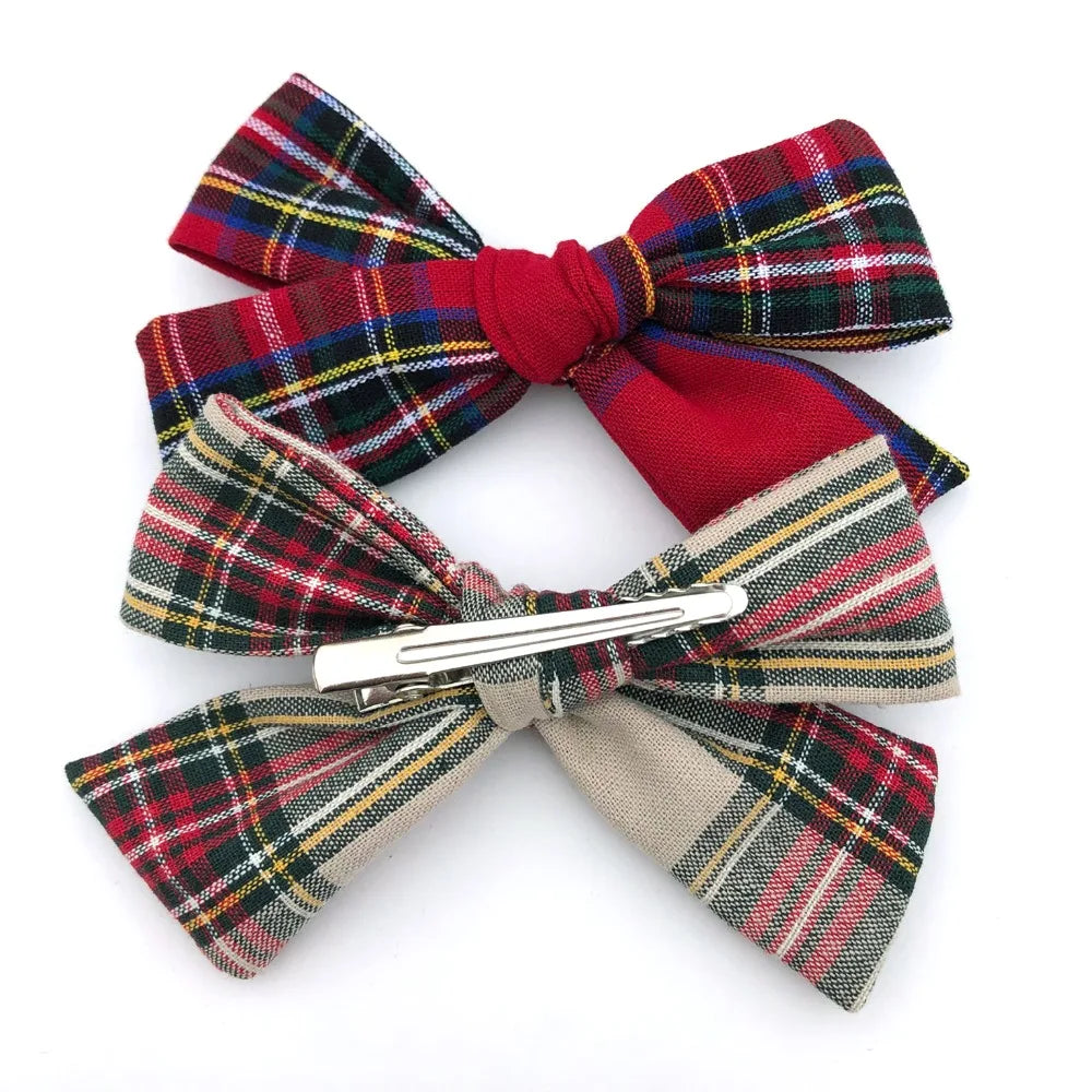 2 PCS 4 inches Plaid Festive Accessories Tartan Bow Hair Clips Scottish Bow Barrettes for Kids Baby Girls