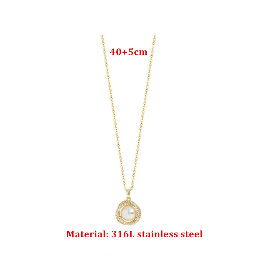 316L Stainless Steel New Fashion Upscale Jewelry Full Zircon Wrapped Pearl Gold Color Charms Choker Necklaces Pendants For Women