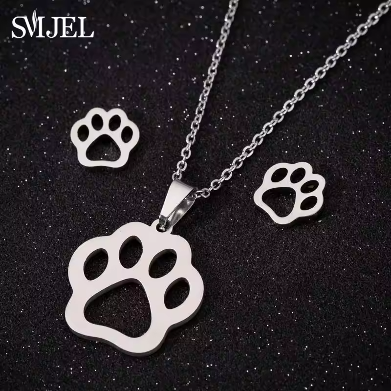 Stainless Steel Paw Necklace Earring for Women Simple Hollow Dog Paw Jewelry Sets Cute Cat Pendant Nekclaces 2023 Birthday Gift