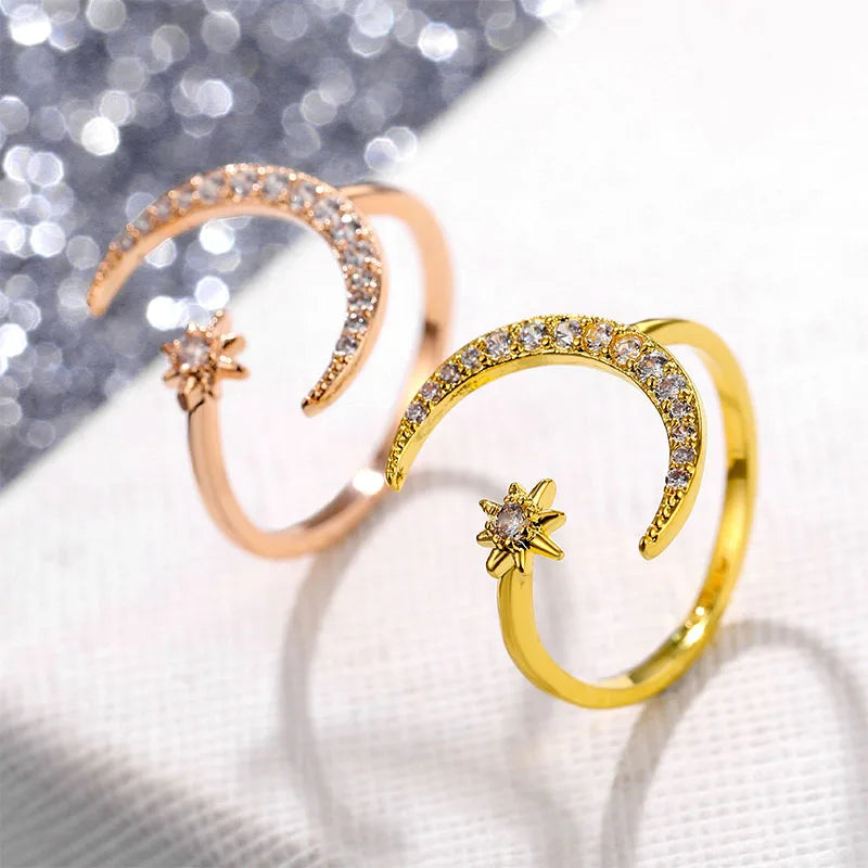 EN New Fashion Crytal Ring Moon & Star Dazzling Open Finger Rings for Women Girls Wedding Engagement Jewelry Gift