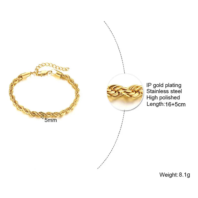 Twist Rope Chain Bracele Bangle for Women Stainless Steel 5mm 316L Stainless Steel Homme 15cm 19cm