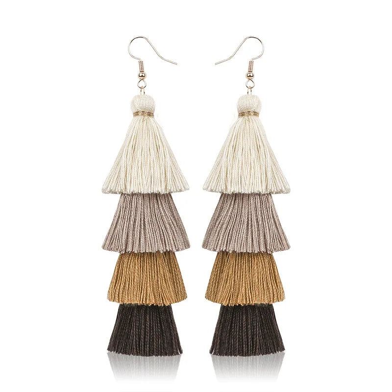 Bohemian 4 Layered Tassel Earrings For Women Ethnic Long Fringe Multi color Statement Dangle Earring GirlsFashion Jewelry