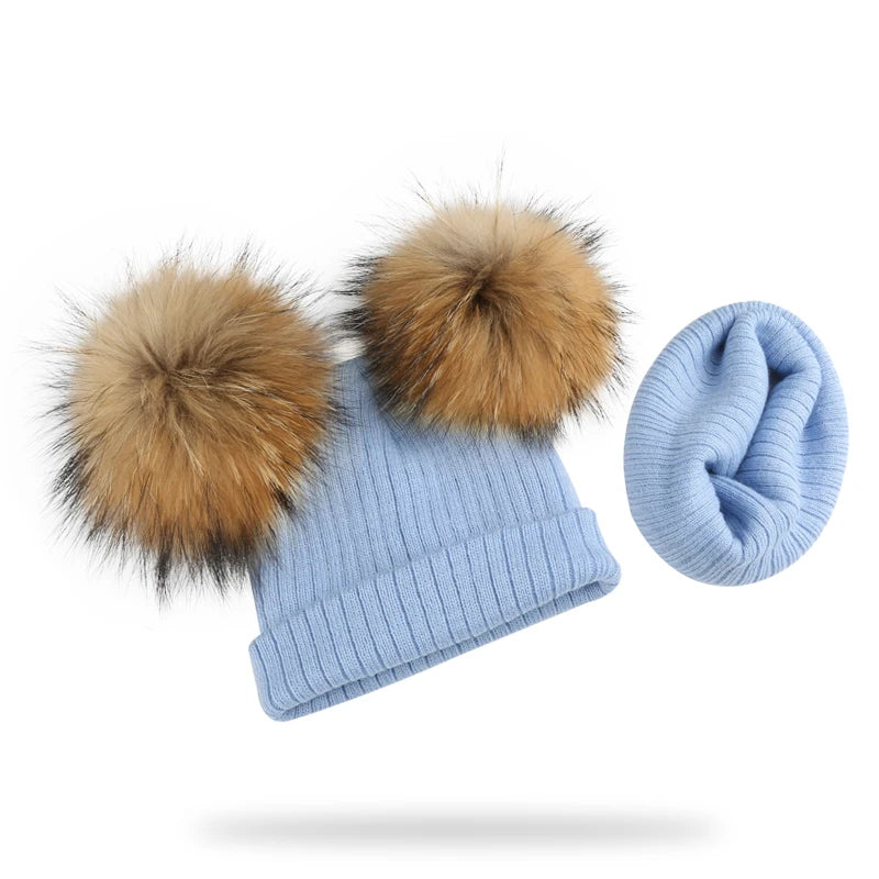 Winter Kids Natural Raccoon Fur Double Pompon Hat And Scarf For Girls Baby Cap With Genuine Pompom Children's Accessories Bonnet