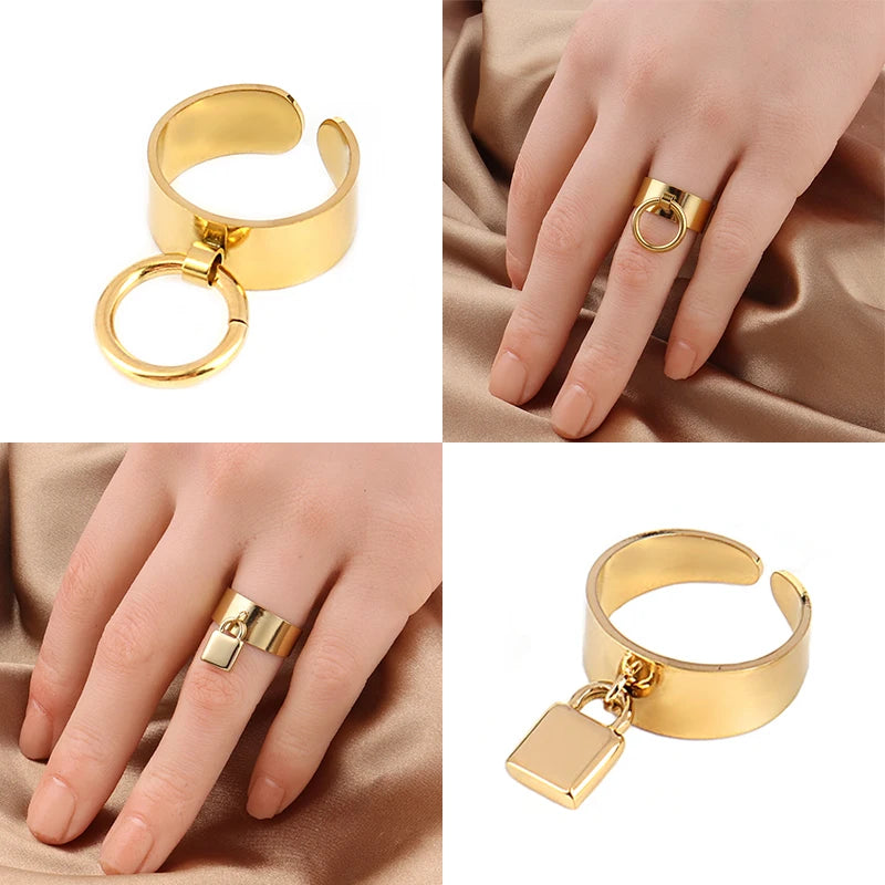 Punk wide ring circle rings round geometric finger open chain rings for women ring stainless steel ring jewelry wholesale gift