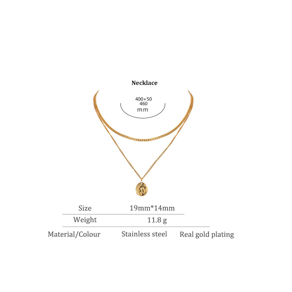 Yhpup 316L Stainless Steel Layered Necklace Women Jewelry Statement Metal Texture Geometric Pendant Bijoux Femme Waterproof