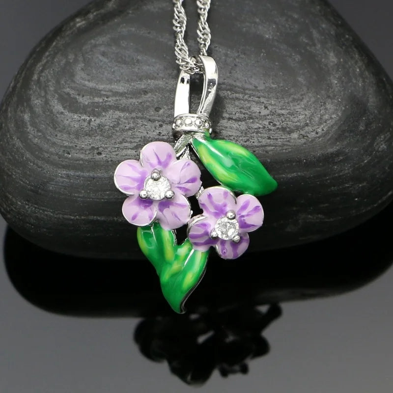 Purple Enamel Flower 925 Silver Jewelry Set Stud Earrings Ring Pendant Necklace Jewellery For Women Engagement